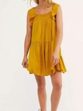 Free People Mustard Yellow Ruffle Tiered Mini Dress